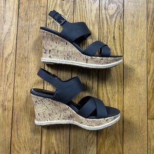 American Living Black Wedge Sandals Cork Espadrille Strappy Buckle
